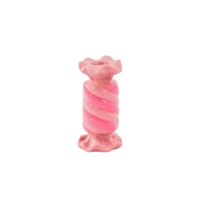 Castiçal cerâmico rosa em formato de doce em espiral
