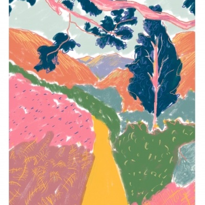 Ilustração de estrada amarela com vegetação colorida e texto em inglês.