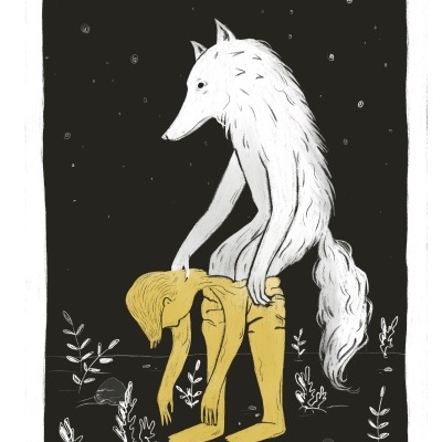 Ilustração artística de figura humana amarela carregada por figura antropomórfica branca com cabeça de lobo