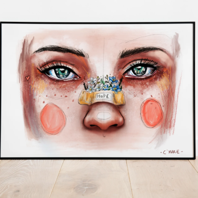 Pintura digital de rosto feminino com penso no nariz e palavra HOPE