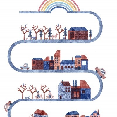 Ilustração de vila com estrada sinuosa, casas, árvores, carros, bicicletas e arco-íris