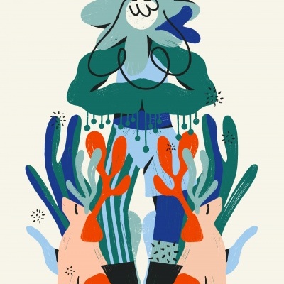 Ilustração colorida de figura humana estilizada com cervos e elementos abstratos