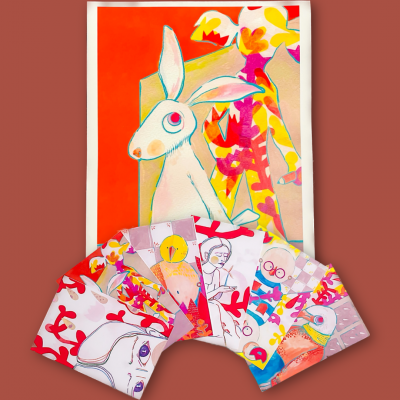 Poster colorido com coelho branco e cinco lenços artísticos coloridos