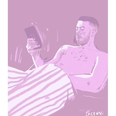 Ilustração digital de homem deitado na cama a olhar para telemóvel.