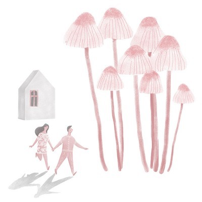 Ilustração minimalista de cogumelos cor-de-rosa, casa branca e casal de mãos dadas
