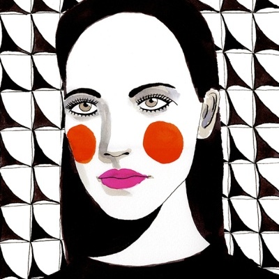 Ilustração de mulher com cabelo preto, lábios rosa e bochechas vermelhas em fundo geométrico