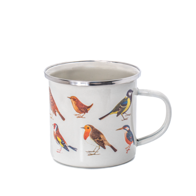 Caneca metálica com ilustrações de pássaros coloridos