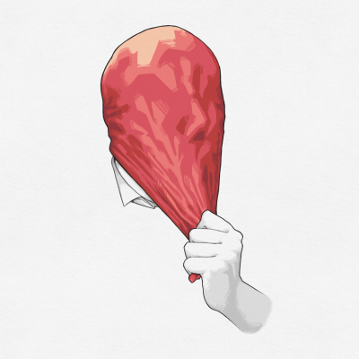 Mão a segurar objecto vermelho que cobre cabeça, fundo branco.