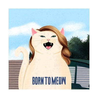 Ilustração de um gato creme com cabelo castanho e texto BORN TO MEOW.