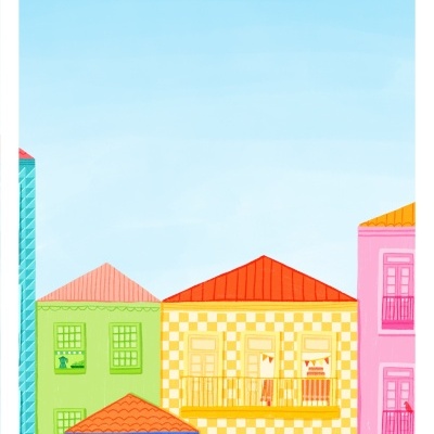 Ilustração colorida de edifícios tradicionais contra o céu azul.