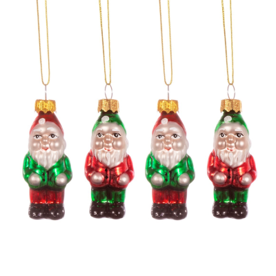 Quatro decorações de vidro para árvore de Natal em forma de gnomos coloridos