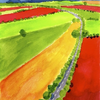 Pintura em aguarela de estrada curva rodeada por campos coloridos e montanhas ao fundo