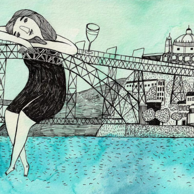 Ilustração de mulher com vestido preto junto a ponte sobre água azul