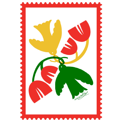 Ilustração de pássaro amarelo, flores vermelhas, folhas verdes e moldura vermelha em forma de selo.