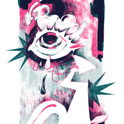 Ilustração artística de um olho estilizado com lágrimas em tons de rosa e preto