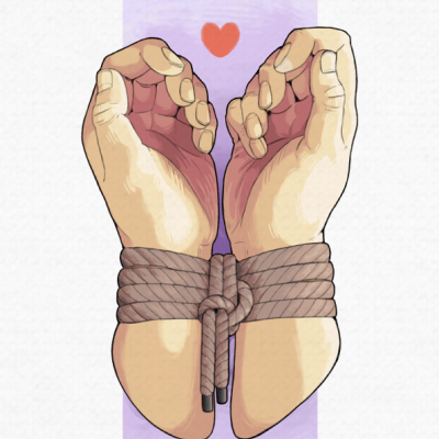 Ilustração de mãos amarradas com corda castanha e coração vermelho sobre fundo roxo e branco