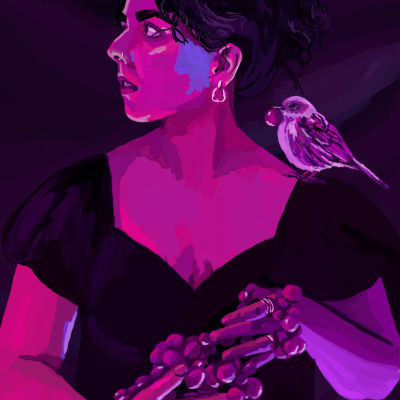 Mulher com vestido preto segurando uvas e com pássaro no ombro em fundo roxo