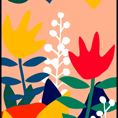 Ilustração abstrata de flores e frutas coloridas