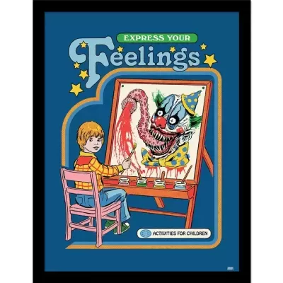 Póster com criança pintando palhaço assustador e texto EXPRESS YOUR Feelings