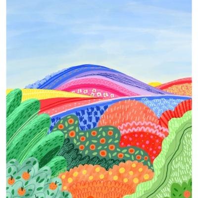 Paisagem abstrata colorida com colinas e vegetação em padrões vibrantes