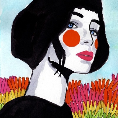 Ilustração de mulher com cabelo preto, maquilhagem colorida e flores coloridas ao fundo