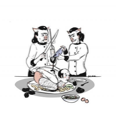 Desenho de dois personagens com cabeça de porco a preparar um prato com figura humana dentro