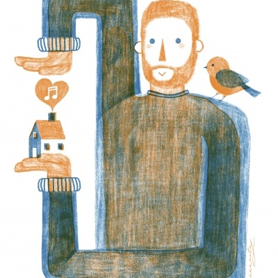 Ilustração de homem segurando casa e coração com nota musical, com pássaro no ombro