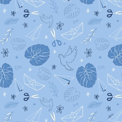 Padrão azul com folhas tropicais, pássaros, tesouras e figuras de papel