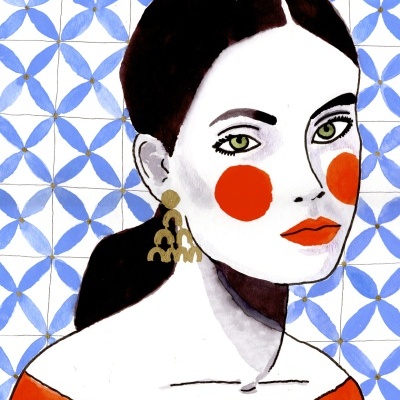 Ilustração de mulher com círculos laranja nas bochechas e azulejos azuis ao fundo
