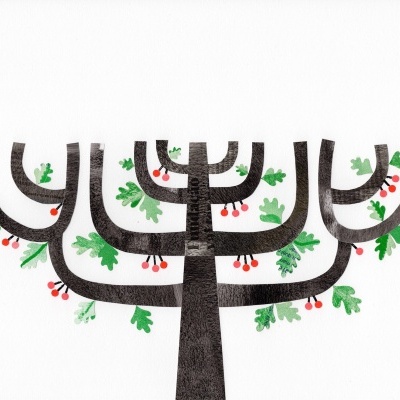 Ilustração colorida de árvore com ramos pretos, folhas verdes e bagas vermelhas