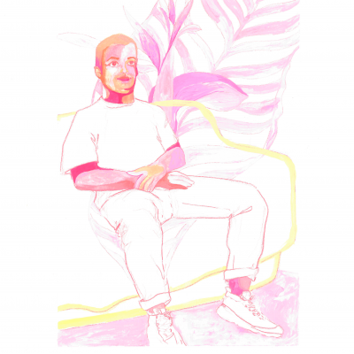 Ilustração colorida de pessoa sentada com roupa branca e cadeira amarela