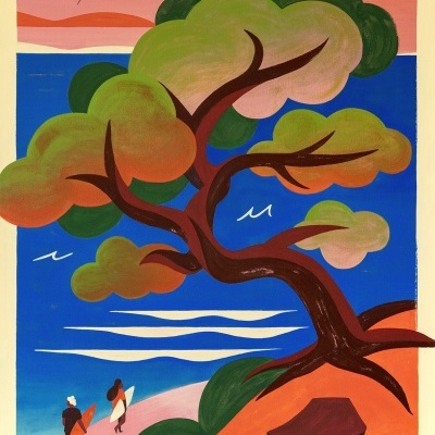 Pintura de árvore colorida e praia com duas pessoas a caminhar