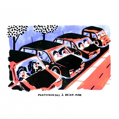 Desenho de carros estacionados com pessoas dentro e árvores ao fundo