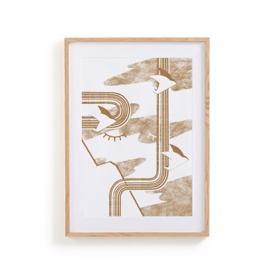 Quadro decorativo com arte abstrata em castanho e branco com moldura de madeira