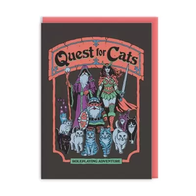 Cartão com ilustração fantasia e gatos, envelope cor-de-rosa