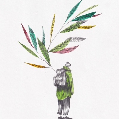 Ilustração de pessoa com casaco verde e folhas coloridas saindo da mochila