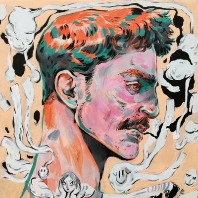 Ilustração artística de perfil de homem com cabelo ruivo e bigode, fundo bege e formas abstratas.