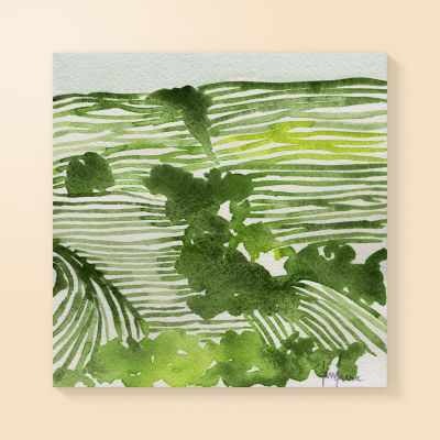 Tela decorativa com pintura em aquarela verde e padrão de linhas onduladas