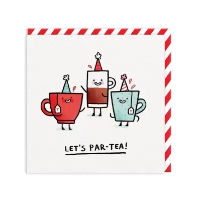 Ilustração com três chávenas animadas a celebrar e texto LET'S PAR-TEA!