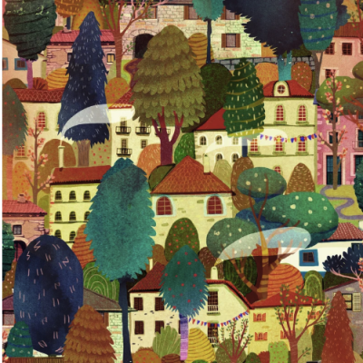 Ilustração colorida de vila com casas e árvores