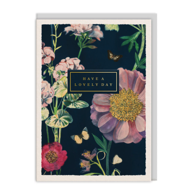 Cartão azul com flores, borboletas e texto HAVE A LOVELY DAY