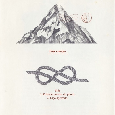 Ilustração de montanha, carimbo postal, texto Foge comigo, nó de corda e definição de Nós