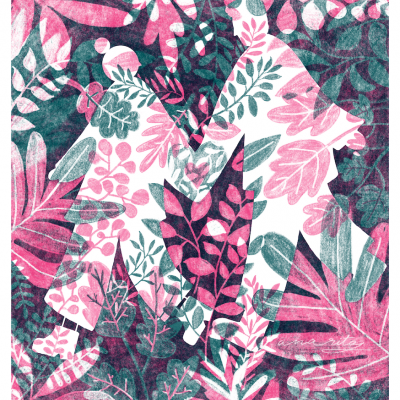 Padrão de folhas com duas figuras humanas que formam a letra M em branco