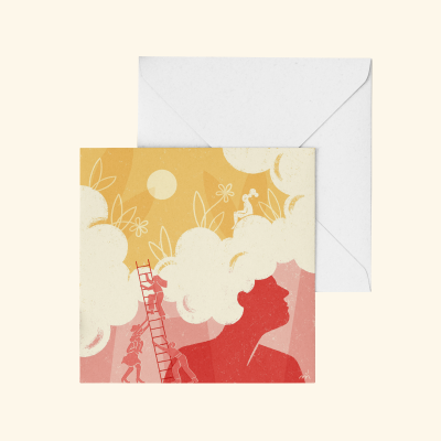 Cartão ilustrativo com silhueta de cabeça vermelha e figuras com escada nas nuvens.