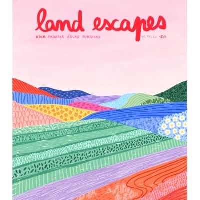 Cartaz ilustrado colorido com paisagem de campos e texto em destaque 'land escapes'