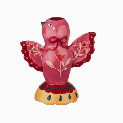 Vaso decorativo em forma de pássaro vermelho com flores pintadas e base amarela.