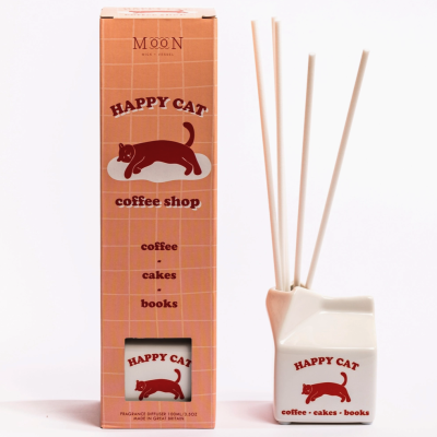 Difusor de fragrâncias Happy Cat com embalagem castanha quadriculada e garrafa cerâmica branca