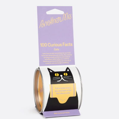 Lata prateada com ilustração de gato preto e embalagem de cartão roxa com texto amarelo