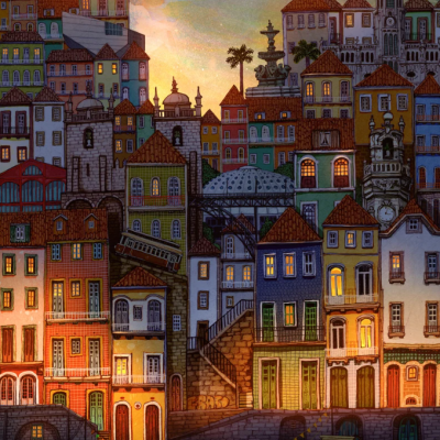 Cidade artística colorida à beira do rio ao entardecer com barcos e edifícios iluminados