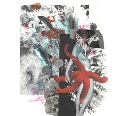 Colagem artística surrealista com corpo humano e elementos vermelhos e abstratos.